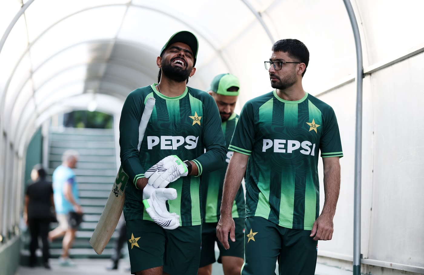 Babar Azam and Abrar Ahmed share a laugh ahead of the game, team spirit wallpaper