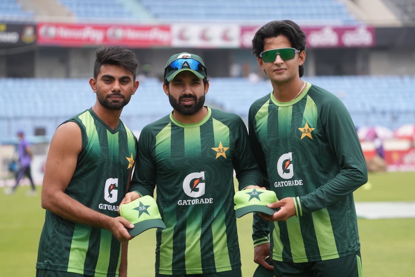 Ghazi Ghori and Saad Masood receive their debut caps from Mohammad Rizwan, debut ceremony cricket photo