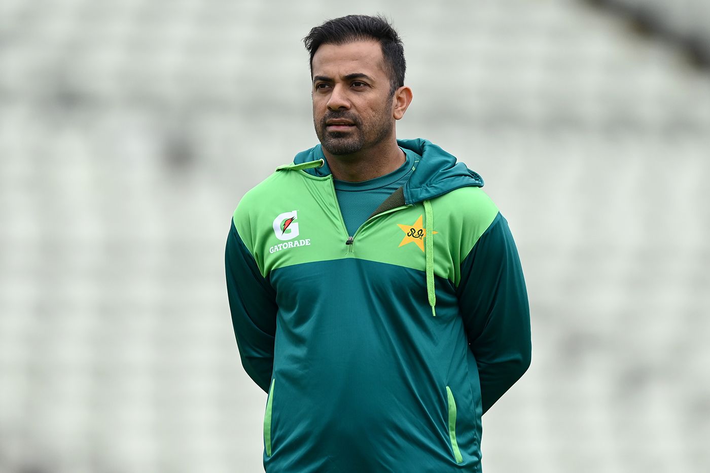 Pakistan selector Wahab Riaz watches on during training