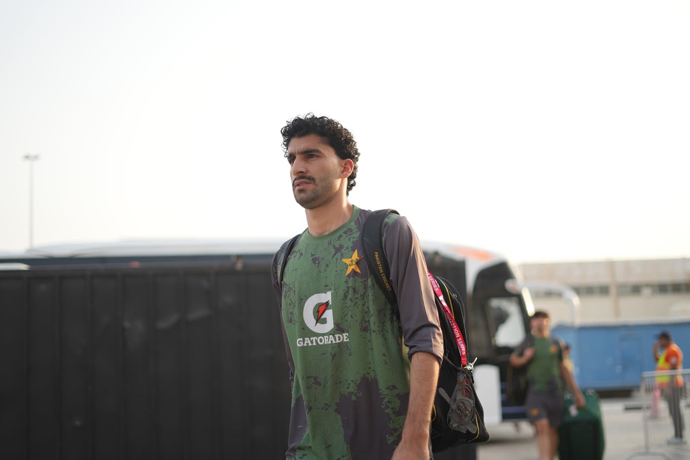 Sufiyan Muqeem arrives at the Sharjah Cricket Stadium
