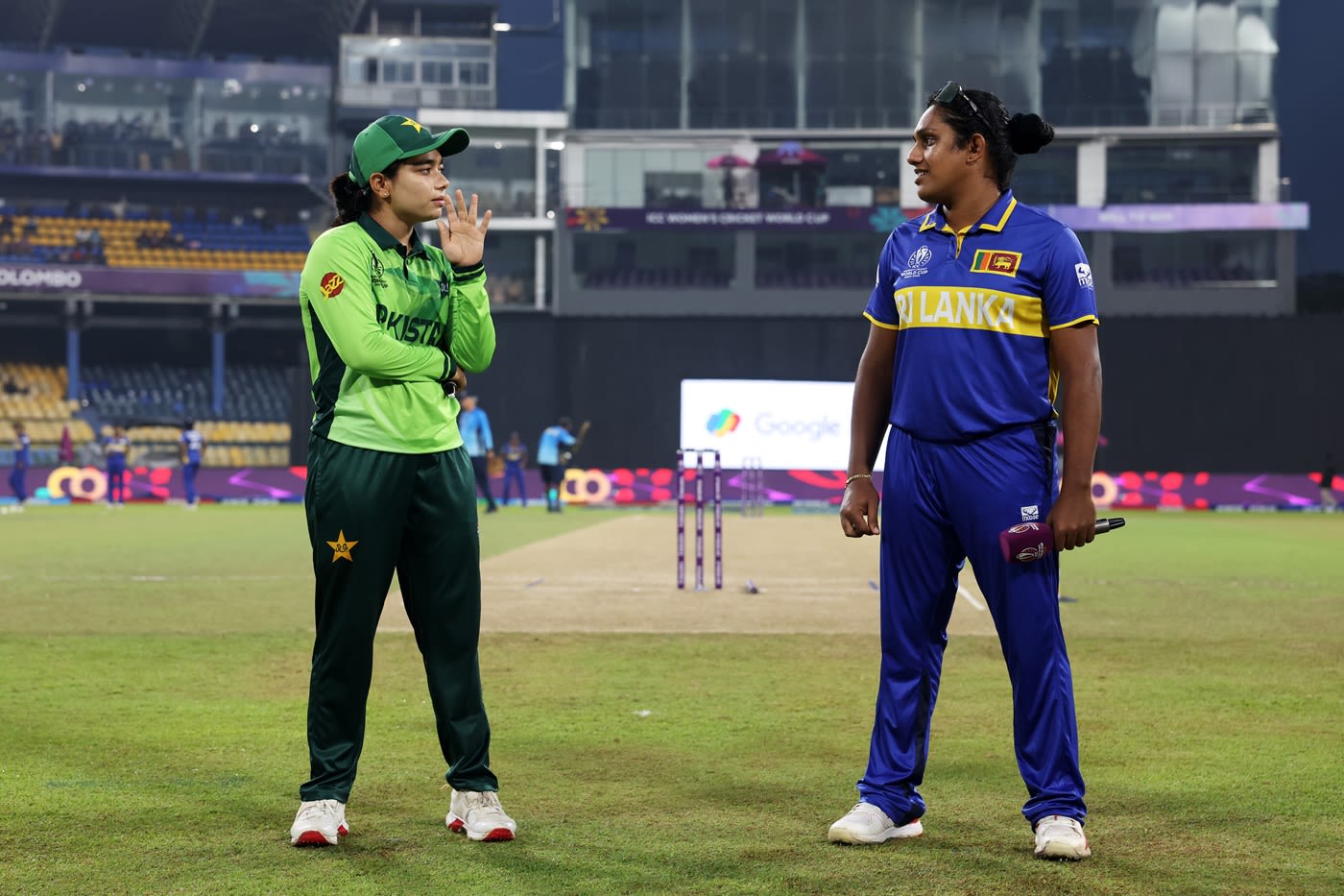 Fatima Sana and Chamari Athapaththu at the toss