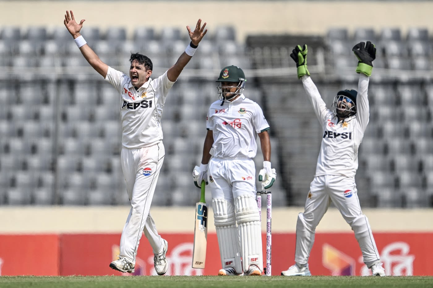 Mohammad Abbas and Mohammad Rizwan appeal for lbw